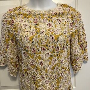 Solitaire Sz M/L Large Floral Embroidered Peasant Shirt Top Boho Mustard Yellow